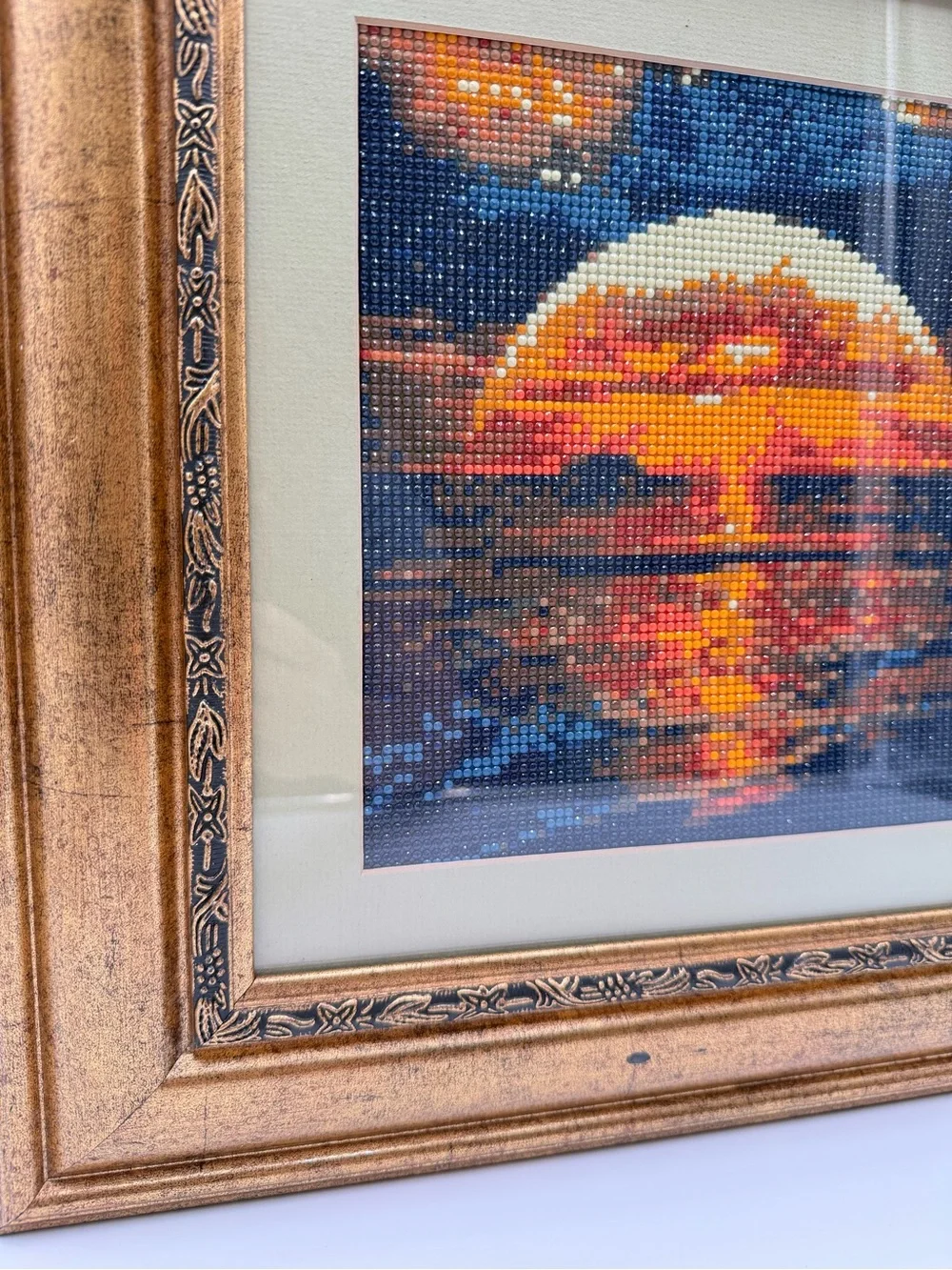 Framed Diamond Art Sunset Landscape Ornate Gold Frame Beaded Wall Decor